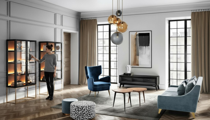 Ensemble Wunnzëmmer Canapé Fauteuil Vitrin Hocker RTV Dësch Set Grupp 9-teilg
