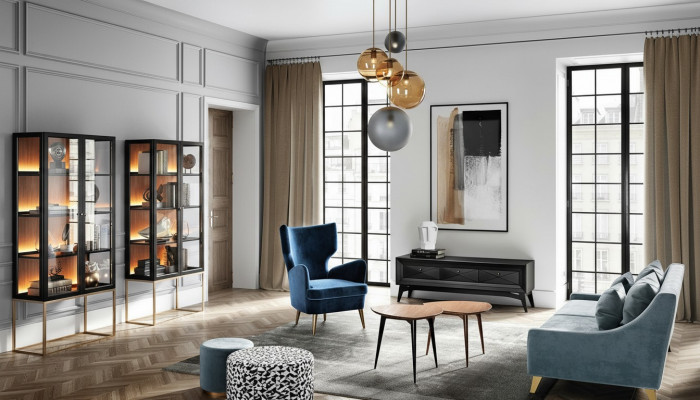 Ensemble Wunnzëmmer Canapé Fauteuil Vitrin Hocker RTV Dësch Set Grupp 9-teilg