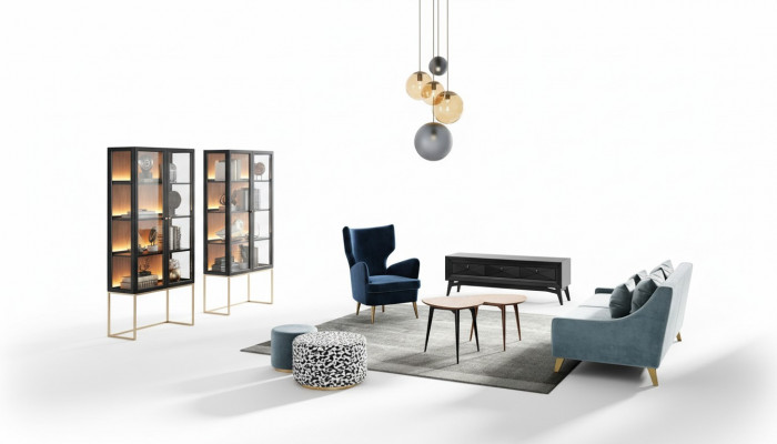 Ensemble Wunnzëmmer Canapé Fauteuil Vitrin Hocker RTV Dësch Set Grupp 9-teilg
