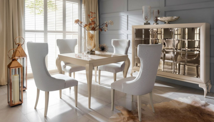 Iesszëmmer Iessdësch Stull Iessgrupp Iessplaz Still Luxus Wäiss Kommod Set 6tlg