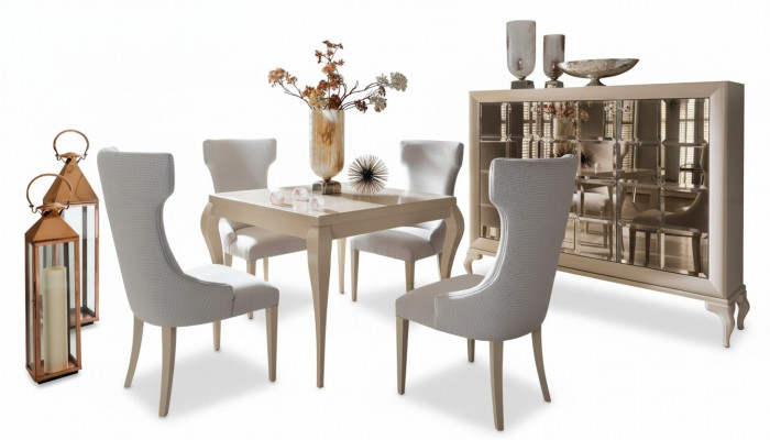 Iesszëmmer Iessdësch Stull Iessgrupp Iessplaz Still Luxus Wäiss Kommod Set 6tlg