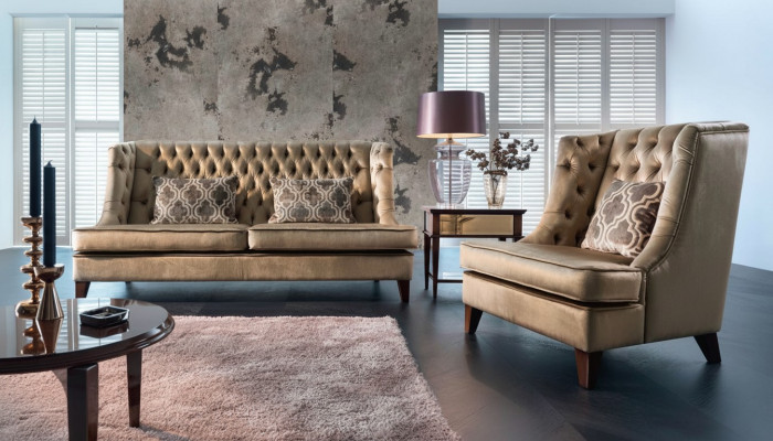 Sofagarnitur Sofa Garnitur 3 Sëtzer Fauteuil Chesterfield Modern Stoff Brong 3tlg