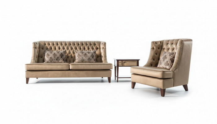 Sofagarnitur Sofa Garnitur 3 Sëtzer Fauteuil Chesterfield Modern Stoff Brong 3tlg