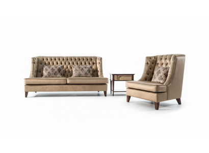 Sofagarnitur Sofa Garnitur 3 Sëtzer Fauteuil Chesterfield Modern Stoff Brong 3tlg