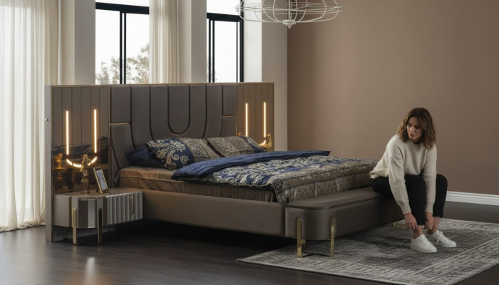 Duebelbett Garnitur Schlofzëmmer Luxus Bett Modern Braun 3tlg Design