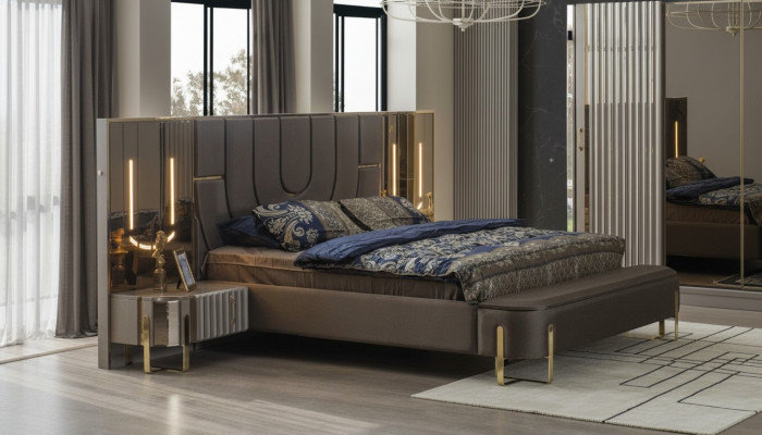 Duebelbett Garnitur Schlofzëmmer Luxus Bett Modern Braun 3tlg Design