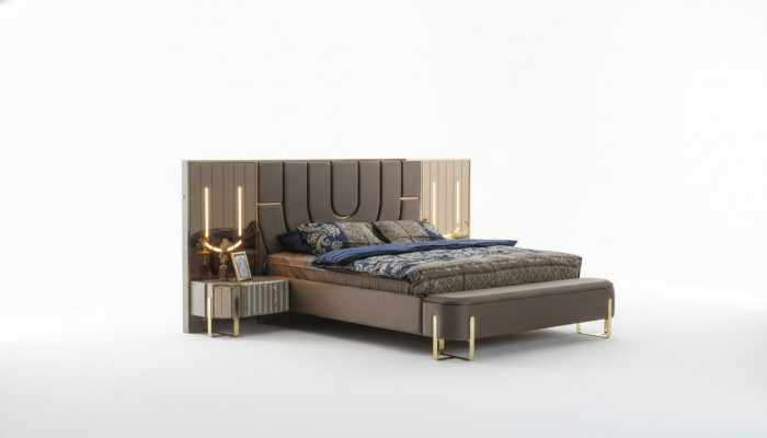 Duebelbett Garnitur Schlofzëmmer Luxus Bett Modern Braun 3tlg Design