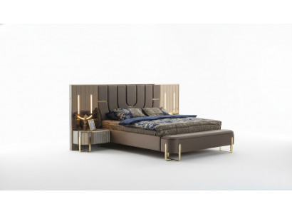 Duebelbett Garnitur Schlofzëmmer Luxus Bett Modern Braun 3tlg Design