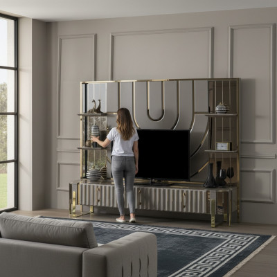 TV Ständer RTV Lowboard Sideboard Wunnzëmmer Gold Gro Luxus Holz Neit