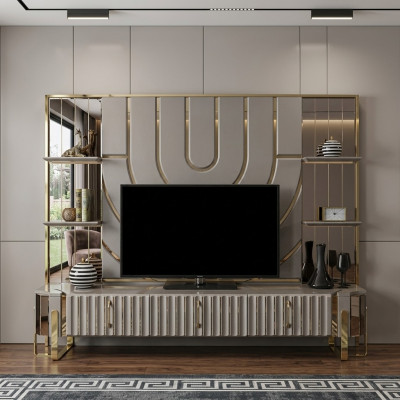 TV Ständer RTV Lowboard Sideboard Wunnzëmmer Gold Gro Luxus Holz Neit