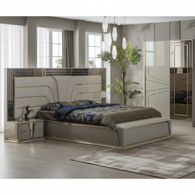 Schlofzëmmer Garnitur Duebelbett Luxus Bett Modern Beige Set 3 Deeler Nei