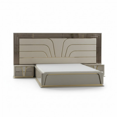 Schlofzëmmer Garnitur Duebelbett Luxus Bett Modern Beige Set 3 Deeler Nei