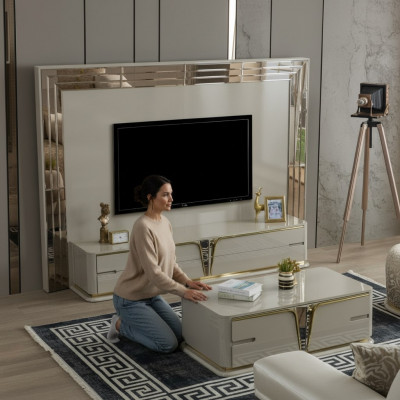 TV-Ständer RTV Lowboard Säitendësch Wunnzëmmer Gold Beige Luxus Holz Nei