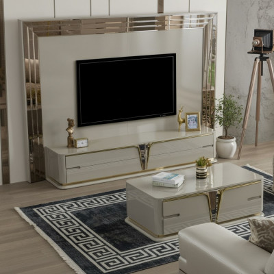 TV-Ständer RTV Lowboard Säitendësch Wunnzëmmer Gold Beige Luxus Holz Nei