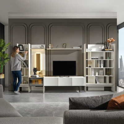 Wunnwandgarnitur TV Stänner RTV Lowboard Sideboard Regaler Holz Wäiss