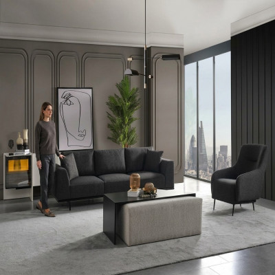 Sofagarnitur Sofa 4 Sëtzer Véiersëtzer Fauteuil Set Stoff Modern Gro