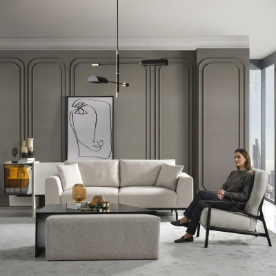 Modern wäiss Sofa Garnitur Dräistäzer Sessell Set Polstermöbel Wunnzëmmer