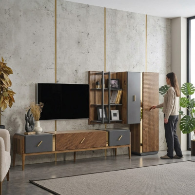 Setz Mauer Eenheet TV Stand RTV Niddreg Schaf Säitenschaf Regaler Holz Brong