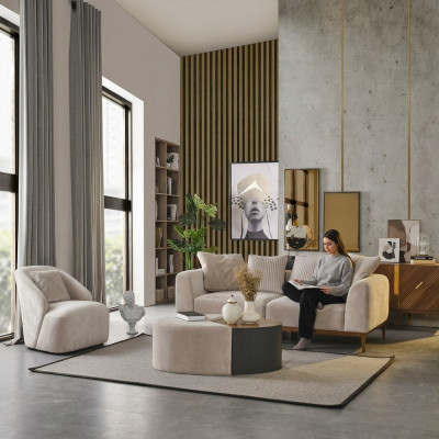 Modern Sofa-Garnitur 3-Sëtz Fautel Dräisëtzer Wäiss Modern Stoff Polyester