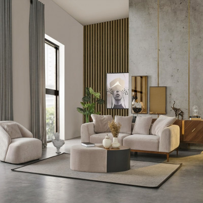 Modern Sofa-Garnitur 3-Sëtz Fautel Dräisëtzer Wäiss Modern Stoff Polyester