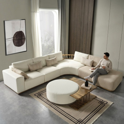 Wäissen Ecksofa L-Form Couch Couchtisch Luxus Stoffmiwwelen Wäiss Design Nei