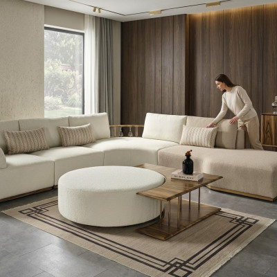 Couchtisch Dësch Niewendësch Wunnzëmmer Modern Wäiss Rond Stoff Holz