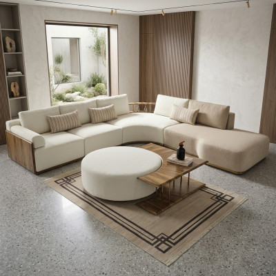 Couchtisch Dësch Niewendësch Wunnzëmmer Modern Wäiss Rond Stoff Holz