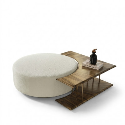 Couchtisch Dësch Niewendësch Wunnzëmmer Modern Wäiss Rond Stoff Holz