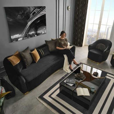 Sofagarnitur Sofa 4 Sëtzer Fautteuil Véiersëtzer Stoff Blo Polyester Set