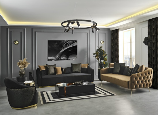 Chesterfield Sofagarnitur Sofa 3-Sëtzer Sesselle Blau Polyester Set 2 Deeler