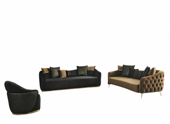 Chesterfield Sofagarnitur Sofa 3-Sëtzer Sesselle Blau Polyester Set 2 Deeler
