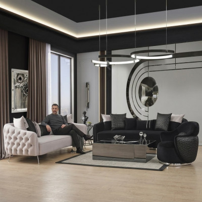 Sofa Garnitur Sofa Sesselen 431 Sëtzer Stoff Luxus Sofakëschten Wäiss Schwaarz