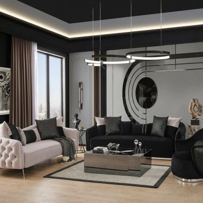 Sofa Garnitur Sofa Sesselen 431 Sëtzer Stoff Luxus Sofakëschten Wäiss Schwaarz