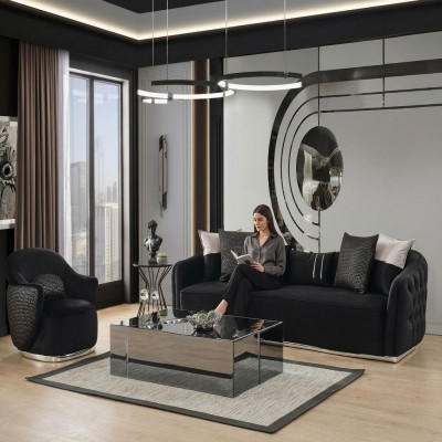 Sofasett Sofa 4 Sëtzer Fotell Véiersëtzer Stoff Schwaarz Polyester