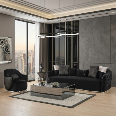 Sofasett Sofa 4 Sëtzer Fotell Véiersëtzer Stoff Schwaarz Polyester