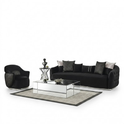 Sofasett Sofa 4 Sëtzer Fotell Véiersëtzer Stoff Schwaarz Polyester