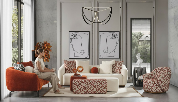 Canapé-Set Sofa Sëtz 431 Sëtz Stoff Luxus Canapéen Orange Wunnzëmmer