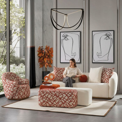 Sofagarnitur Wunnzëmmer Set Sofa 4 Sëtzer Fauteuil 3x Hocker Wäiss Véiersëtzer Stoff
