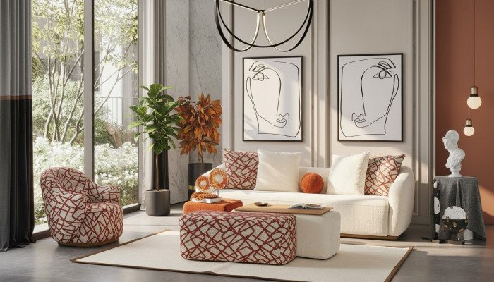 Sofagarnitur Wunnzëmmer Set Sofa 4 Sëtzer Fauteuil 3x Hocker Wäiss Véiersëtzer Stoff