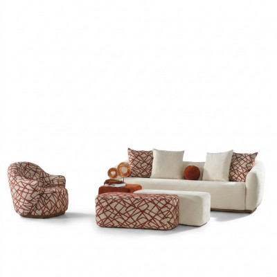 Sofagarnitur Wunnzëmmer Set Sofa 4 Sëtzer Fauteuil 3x Hocker Wäiss Véiersëtzer Stoff