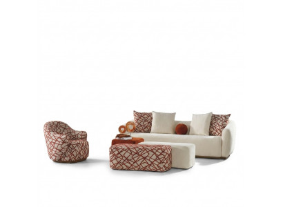 Sofagarnitur Wunnzëmmer Set Sofa 4 Sëtzer Fauteuil 3x Hocker Wäiss Véiersëtzer Stoff
