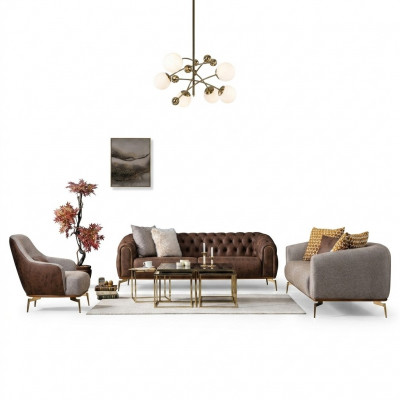 Sofa-Komplettset Couch-Suite Sofa 431-Sëtzer Stoff Braun 3-Deeler