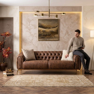 Chesterfield Véiersëtzer Canapé 4 Sëtzer Sëtz Polyester Brong Kënschtlech Lieder