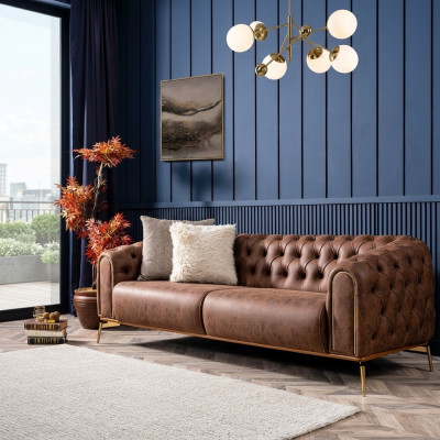 Chesterfield Véiersëtzer Canapé 4 Sëtzer Sëtz Polyester Brong Kënschtlech Lieder