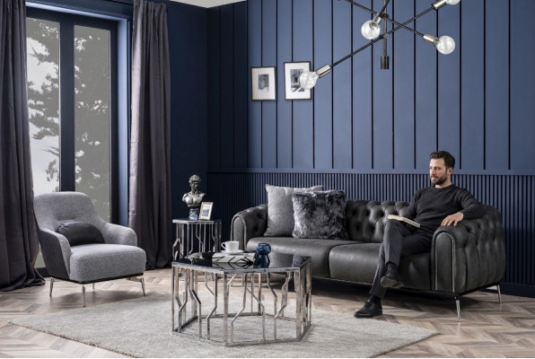 Chesterfield Canapé Garnitur Sofa 4 Sëtzen Sesselen Véiersëtzer Kënschtlecher Lieder Schwaarz