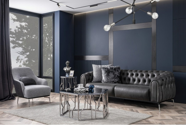 Chesterfield Canapé Garnitur Sofa 4 Sëtzen Sesselen Véiersëtzer Kënschtlecher Lieder Schwaarz