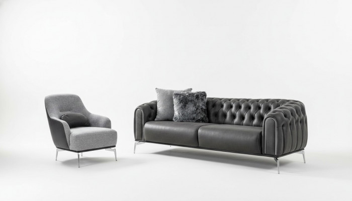 Chesterfield Canapé Garnitur Sofa 4 Sëtzen Sesselen Véiersëtzer Kënschtlecher Lieder Schwaarz
