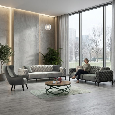 Chesterfield Sofa-Set Sofa 3+1 Sëtzer Stoff Grau Luxus Sofas Sëtz