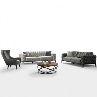 Chesterfield Sofa-Set Sofa 3+1 Sëtzer Stoff Grau Luxus Sofas Sëtz