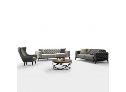 Chesterfield Sofa-Set Sofa 3+1 Sëtzer Stoff Grau Luxus Sofas Sëtz